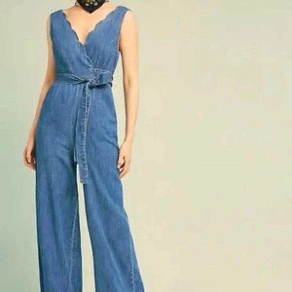 Pilcro by Anthroplogie Lydia Blue Denim Scallop Wrap Wide Leg Jumpsuit 2